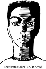 The face of a young man painted in black tones. Face silhouette of a man.