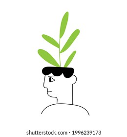 Face of young man and plant in his head. Outline illustration on white background. 