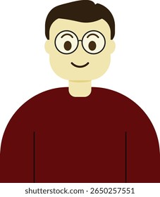 Face of a young man with round glasses and brown shirt. Two-dimensional character. Avatar of an intellectual and introverted male. Portrait. Vector flat illustration.
