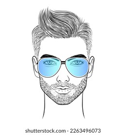 Face of young man in sunglasses on white background.