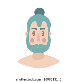 Face of a young man with turquoise hair and beard. Portrait illustration for card, poster, modern design. Father's day, men's day concepts. Flat. Vector stock illustration.