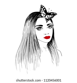 Face of a young pretty girl with a butterfly in her hair. Hand-drawn vector illustration isolated on white background.