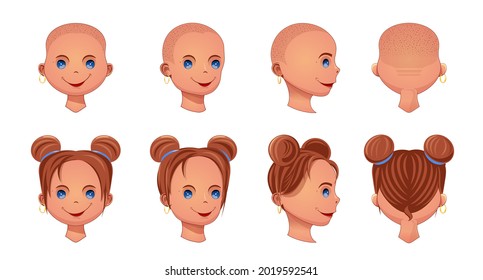 Face of a young pretty woman from different angles and with different hairstyles. Girl faces icons set. Vector illustration