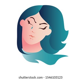 The face of a young sad woman. Her eyes are closed, a tear runs down her cheek. Image of turquoise and pink colors with gradients. Vector graphics . Isolated image on a white background.