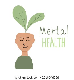 Face of young smiling man with plant in his head. Mental health concept. Positive emotions in the head of a person. Flat vector illustartion isolated on white background