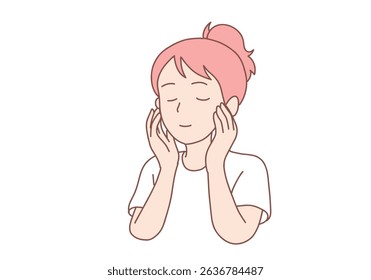 Face of young smiling pretty woman applying moisturizing on her face for skincare. Hand drawn style vector design illustrations.