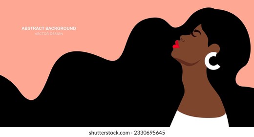 The face of a young strong African woman on pink background. Concept of fighting for equality and female empowerment movement. Vector horizontal banner.