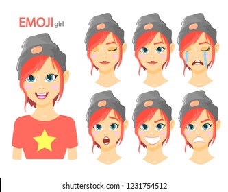 Face of young teenage girl with diffecrent emotions, emoji, vector flat cartoon illustrations isolated on white background