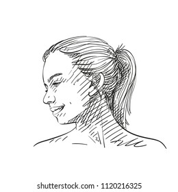 Face of young teenage girl in profile with long hair in ponytail, Hand drawn illustration with hatched shades isolated on white background, Vector sketch
