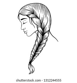 Face Of Young Teenage Girl In Profile With Long Hair In Braid, Hand Drawn Linear Illustration Isolated On White Background, Vector Sketch