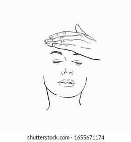 Face of young woman with closed eyes and hand on her forehead, Vector sketch, Hand drawn illustration