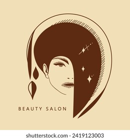 Face of young woman with dark hair, stars and floral elements. Graphics, hatching. Portrait in Art Deco, Art Nouveau, modern style. Logo of the beauty salon.