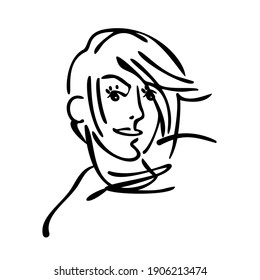 the face of a young woman. outline on a white background. illustration in the style of the doodles. Monochrome line drawing