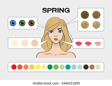 Face of young woman. Seasonal woman type with color palette. Best colors for Spring type of female appearance. 
 Vector illustration