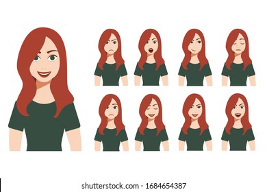 Face of a young woman with various expressions. A set of vector illustrations. Emotions of avatars of a woman showing anger, sadness, surprise, happiness, skepticism, serious. Flat vector illustration