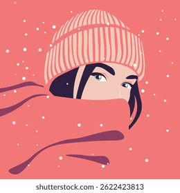A face of a young woman wrapped in a large scarf on the background of a snowfall in a knitted hat. Christmas and New Year. Flat vector illustration