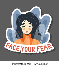 Face your fear, phobia, insomnia, sleeping disorder concept. Frightened, scared young woman surrounded by imaginary ghosts flying around her. Hand-drawn colorful character, face, head, avatar.