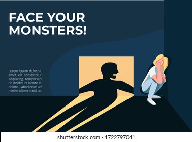 Face your monsters banner flat vector template. Panic attack brochure, poster concept design with cartoon characters. Domestic violence, stress management horizontal flyer, leaflet with place for text