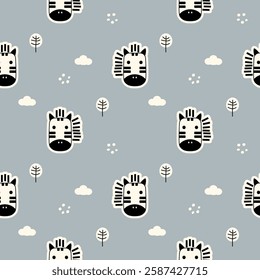 Face zebra cartoon so cute. On tree cloud background. Pattern seamless vector illustration. 