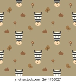 Cara de zebra desenho animado tão fofo. No fundo da flor da árvore. Ilustração de vetor uniforme de padrão. 