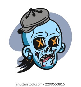 face zombie cartoon illustration for logo, emoticon, esport mascot. vector for t-shirt and sticker design.