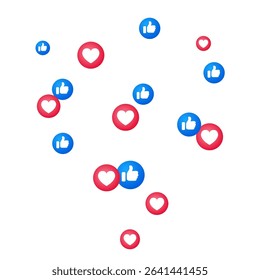 Facebook buttons thumb up like and red heart. Social media reaction background for advertisement promotion, marketing – vector