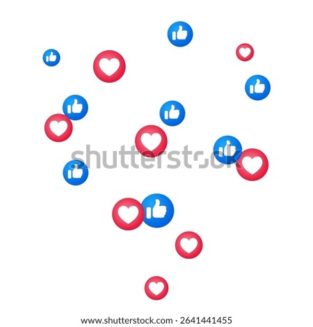 Facebook buttons thumb up like and red heart. Social media reaction background for advertisement promotion, marketing – vector