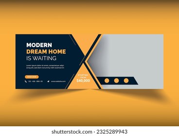 Facebook Cover or header template. Social media banner layout. Real estate advertisement golden yellow horizontal media template.  