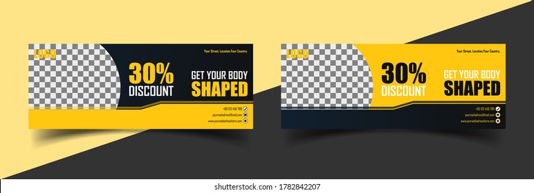 Facebook Cover Web Banner Social Media Template design Vector,Fitness social media cover design,fitness web banner template.gym social media timeline post template, Facebook cover photos size. graphic