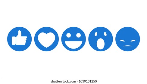 Facebook emoji. Funny flat style emoji. Set of white icons in blue circle. Set of smiley emoticons, emoji flat design