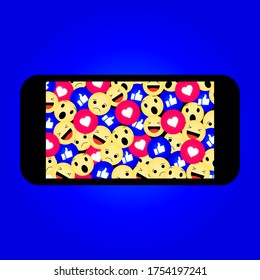 Facebook Emoticons Background. Facebook Emoji. Smartphone Mockup. Social Value. Social Media Elements. Emoji reactions. Vector Illustration On Blue Gradient Background
