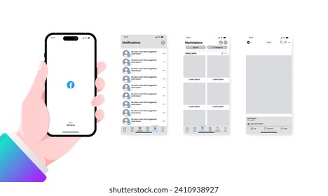 Facebook interface mockup. iPhone screen template. Facebook interface mockup. Editorial Facebook interface. Social media. Smartphone in hand. Social media pages mockup template. Vector icons