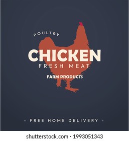 facebook post template for meat shop, poultry farm. poultry farm logo. poultry chicken fresh meat.  red silhouette chicken on plain navy blue color. poultry farm marketing banner and complete post. 