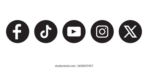 facebook, tiktok, youtube, instagram, X logo icon with circle outline frame.