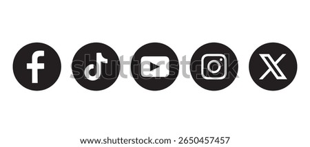 facebook, tiktok, youtube, instagram, X logo icon with circle outline frame.