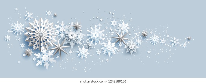 Facebook Web Banner Social Media template. Shine winter decoration with snowflakes, stars and balls.