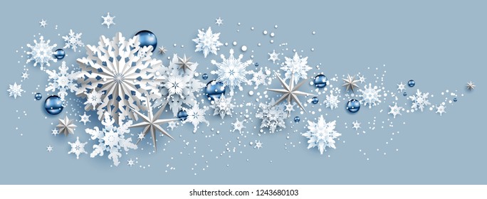 Facebook Web Banner Social Media template. Shine winter decoration with snowflakes, stars and balls.