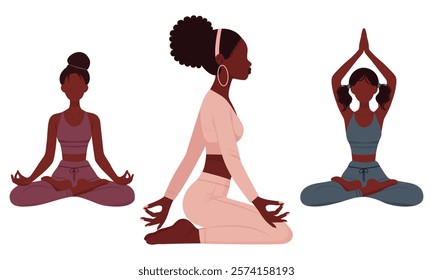 faceless African American womens set in yoga position flat illustration isolated on white background