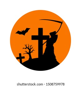 Faceless angel of death standing among graves in cemetery. Flat style. Halloween concept. 