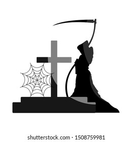 Faceless angel of death standing among graves in cemetery. Flat style. Halloween concept. 