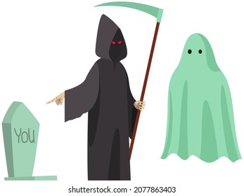 Faceless angel of death standing among grave and ghost. Death, afterlife and halloween symbols. Grim reaper, scytheman near flying phantom, spirit and tombstone isolated on white background