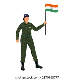 Faceless Army Woman Holding India Flag Against White Background.