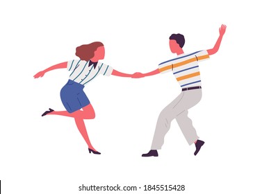 Faceless Artistic Pair Holding Hands, Dancing Lindy Hop Together. Couple Perform Swing Or Jive Dance. Man And Woman Dancers At Retro Party. Flat Vector Illustration Isolated On White