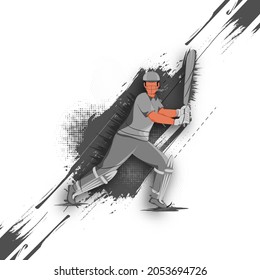 Faceless Batsman Player In Playing Pose And Black Brush Halftone Effect On White Background.