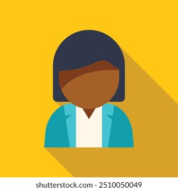 Faceless black businesswoman character wearing a suit jacket is standing in front of a yellow background