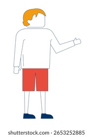 Jovem loiro sem rosto em shorts vermelhos gestando personagem de desenho 2D. Mínimo casual em pé cara levantando uma mão em gesto plana vetor pessoa isolado no branco. Ilustração especial colorida