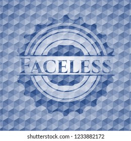 Faceless blue badge with geometric background.