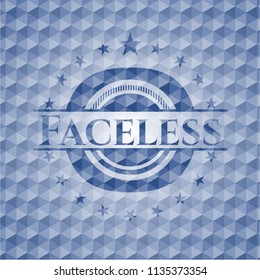 Faceless blue badge with geometric pattern.