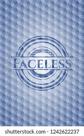 Faceless blue emblem or badge with abstract geometric polygonal pattern background.