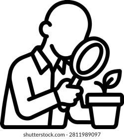 Faceless botanist researcher observing plants in nature, vector illustration of a scientist studying flora for biological research and education.